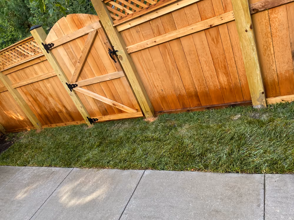 Fresh sod laid beside a fence gate where an old concrete patio was removed